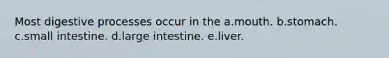 Most digestive processes occur in the a.mouth. b.stomach. c.small intestine. d.large intestine. e.liver.