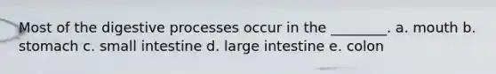 Most of the digestive processes occur in the ________. a. mouth b. stomach c. small intestine d. large intestine e. colon