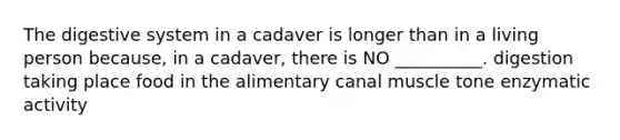 The digestive system in a cadaver is longer than in a living person because, in a cadaver, there is NO __________. digestion taking place food in the alimentary canal muscle tone enzymatic activity