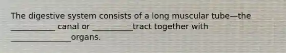 The digestive system consists of a long muscular tube—the ___________ canal or __________tract together with _______________organs.