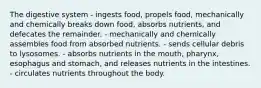 The digestive system - ingests food, propels food, mechanically and chemically breaks down food, absorbs nutrients, and defecates the remainder. - mechanically and chemically assembles food from absorbed nutrients. - sends cellular debris to lysosomes. - absorbs nutrients in the mouth, pharynx, esophagus and stomach, and releases nutrients in the intestines. - circulates nutrients throughout the body.