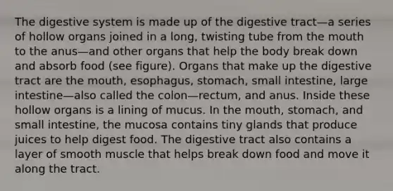 The digestive system is made up of the digestive tract—a series of hollow organs joined in a long, twisting tube from the mouth to the anus—and other organs that help the body break down and absorb food (see figure). Organs that make up the digestive tract are the mouth, esophagus, stomach, small intestine, large intestine—also called the colon—rectum, and anus. Inside these hollow organs is a lining of mucus. In the mouth, stomach, and small intestine, the mucosa contains tiny glands that produce juices to help digest food. The digestive tract also contains a layer of smooth muscle that helps break down food and move it along the tract.