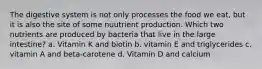 The digestive system is not only processes the food we eat, but it is also the site of some nuutrient production. Which two nutrients are produced by bacteria that live in the large intestine? a. Vitamin K and biotin b. vitamin E and triglycerides c. vitamin A and beta-carotene d. Vitamin D and calcium