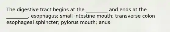 The digestive tract begins at the _________ and ends at the _________. esophagus; small intestine mouth; transverse colon esophageal sphincter; pylorus mouth; anus