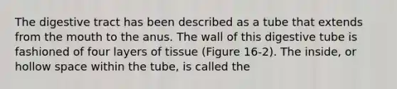 The digestive tract has been described as a tube that extends from the mouth to the anus. The wall of this digestive tube is fashioned of four layers of tissue (Figure 16-2). The inside, or hollow space within the tube, is called the