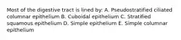 Most of the digestive tract is lined by: A. Pseudostratified ciliated columnar epithelium B. Cuboidal epithelium C. Stratified squamous epithelium D. Simple epithelium E. Simple columnar epithelium