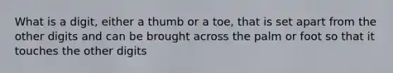 What is a digit, either a thumb or a toe, that is set apart from the other digits and can be brought across the palm or foot so that it touches the other digits