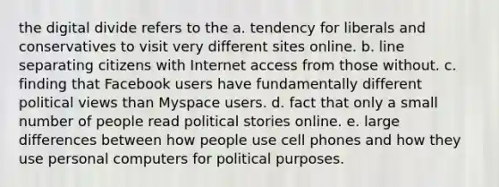 the digital divide refers to the a. tendency for liberals and conservatives to visit very different sites online. b. line separating citizens with Internet access from those without. c. finding that Facebook users have fundamentally different political views than Myspace users. d. fact that only a small number of people read political stories online. e. large differences between how people use cell phones and how they use personal computers for political purposes.