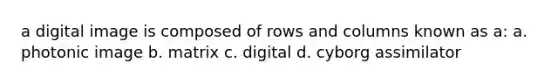 a digital image is composed of rows and columns known as a: a. photonic image b. matrix c. digital d. cyborg assimilator