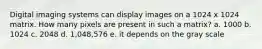 Digital imaging systems can display images on a 1024 x 1024 matrix. How many pixels are present in such a matrix? a. 1000 b. 1024 c. 2048 d. 1,048,576 e. it depends on the gray scale