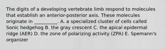 The digits of a developing vertebrate limb respond to molecules that establish an anterior-posterior axis. These molecules originate in __________. A. a specialized cluster of cells called Sonic hedgehog B. the gray crescent C. the apical epidermal ridge (AER) D. the zone of polarizing activity (ZPA) E. Spemann's organizer