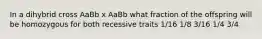 In a dihybrid cross AaBb x AaBb what fraction of the offspring will be homozygous for both recessive traits 1/16 1/8 3/16 1/4 3/4