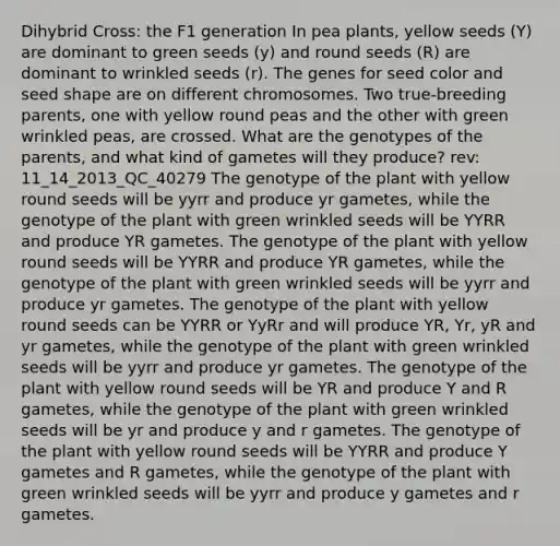 Dihybrid Cross: the F1 generation In pea plants, yellow seeds (Y) are dominant to green seeds (y) and round seeds (R) are dominant to wrinkled seeds (r). The genes for seed color and seed shape are on different chromosomes. Two true-breeding parents, one with yellow round peas and the other with green wrinkled peas, are crossed. What are the genotypes of the parents, and what kind of gametes will they produce? rev: 11_14_2013_QC_40279 The genotype of the plant with yellow round seeds will be yyrr and produce yr gametes, while the genotype of the plant with green wrinkled seeds will be YYRR and produce YR gametes. The genotype of the plant with yellow round seeds will be YYRR and produce YR gametes, while the genotype of the plant with green wrinkled seeds will be yyrr and produce yr gametes. The genotype of the plant with yellow round seeds can be YYRR or YyRr and will produce YR, Yr, yR and yr gametes, while the genotype of the plant with green wrinkled seeds will be yyrr and produce yr gametes. The genotype of the plant with yellow round seeds will be YR and produce Y and R gametes, while the genotype of the plant with green wrinkled seeds will be yr and produce y and r gametes. The genotype of the plant with yellow round seeds will be YYRR and produce Y gametes and R gametes, while the genotype of the plant with green wrinkled seeds will be yyrr and produce y gametes and r gametes.