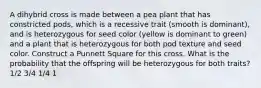 A dihybrid cross is made between a pea plant that has constricted pods, which is a recessive trait (smooth is dominant), and is heterozygous for seed color (yellow is dominant to green) and a plant that is heterozygous for both pod texture and seed color. Construct a Punnett Square for this cross. What is the probability that the offspring will be heterozygous for both traits? 1/2 3/4 1/4 1