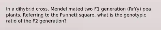 In a dihybrid cross, Mendel mated two F1 generation (RrYy) pea plants. Referring to the Punnett square, what is the genotypic ratio of the F2 generation?