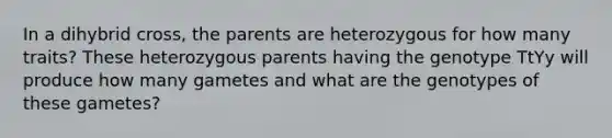 In a dihybrid cross, the parents are heterozygous for how many traits? These heterozygous parents having the genotype TtYy will produce how many gametes and what are the genotypes of these gametes?