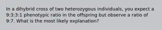 In a dihybrid cross of two heterozygous individuals, you expect a 9:3:3:1 phenotypic ratio in the offspring but observe a ratio of 9:7. What is the most likely explanation?