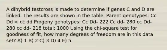 A dihybrid testcross is made to determine if genes C and D are linked. The results are shown in the table. Parent genotypes: Cc Dd × cc dd Progeny genotypes: Cc Dd- 222 Cc dd- 280 cc Dd- 280 cc dd- 218 total: 1000 Using the chi-square test for goodness of fit, how many degrees of freedom are in this data set? A) 1 B) 2 C) 3 D) 4 E) 5