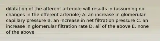 dilatation of the afferent arteriole will results in (assuming no changes in the efferent arteriole) A. an increase in glomerular capillary pressure B. an increase in net filtration pressure C. an increase in glomerular filtration rate D. all of the above E. none of the above