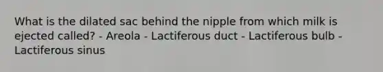 What is the dilated sac behind the nipple from which milk is ejected called? - Areola - Lactiferous duct - Lactiferous bulb - Lactiferous sinus