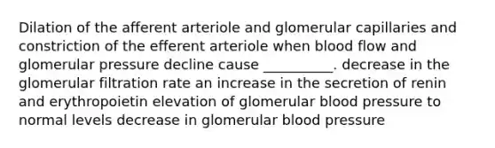 Dilation of the afferent arteriole and glomerular capillaries and constriction of the efferent arteriole when blood flow and glomerular pressure decline cause __________. decrease in the glomerular filtration rate an increase in the secretion of renin and erythropoietin elevation of glomerular blood pressure to normal levels decrease in glomerular blood pressure