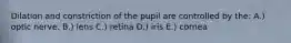 Dilation and constriction of the pupil are controlled by the: A.) optic nerve. B.) lens C.) retina D.) iris E.) cornea