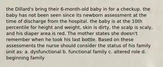 the Dillard's bring their 6-month-old baby in for a checkup. the baby has not been seen since its newborn assessment at the time of discharge from the hospital. the baby is at the 10th percentile for height and weight, skin is dirty, the scalp is scaly, and his diaper area is red. The mother states she doesn't remember when he took his last bottle. Based on these assessments the nurse should consider the status of his family unit as: a. dysfunctional b. functional family c. altered role d. beginning family