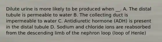 Dilute urine is more likely to be produced when __. A. The distal tubule is permeable to water B. The collecting duct is impermeable to water C. Antidiuretic hormone (ADH) is present in the distal tubule D. Sodium and chloride ions are reabsorbed from the descending limb of the nephron loop (loop of Henle)