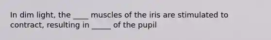 In dim light, the ____ muscles of the iris are stimulated to contract, resulting in _____ of the pupil