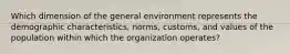 Which dimension of the general environment represents the demographic characteristics, norms, customs, and values of the population within which the organization operates?