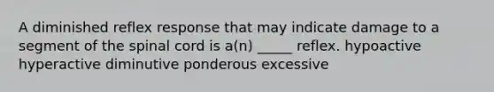 A diminished reflex response that may indicate damage to a segment of the spinal cord is a(n) _____ reflex. hypoactive hyperactive diminutive ponderous excessive