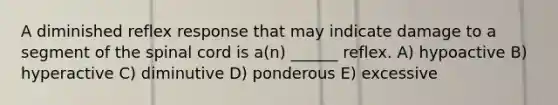 A diminished reflex response that may indicate damage to a segment of the spinal cord is a(n) ______ reflex. A) hypoactive B) hyperactive C) diminutive D) ponderous E) excessive