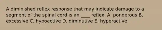 A diminished reflex response that may indicate damage to a segment of the spinal cord is an ____ reflex. A. ponderous B. excessive C. hypoactive D. diminutive E. hyperactive