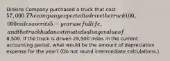 Dinkins Company purchased a truck that cost 57,000. The company expected to drive the truck 100,000 miles over its 5-year useful life, and the truck had an estimated salvage value of8,500. If the truck is driven 29,500 miles in the current accounting period, what would be the amount of depreciation expense for the year? (Do not round intermediate calculations.)