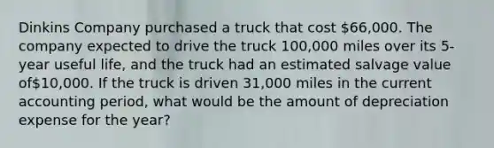 Dinkins Company purchased a truck that cost 66,000. The company expected to drive the truck 100,000 miles over its 5-year useful life, and the truck had an estimated salvage value of10,000. If the truck is driven 31,000 miles in the current accounting period, what would be the amount of depreciation expense for the year?