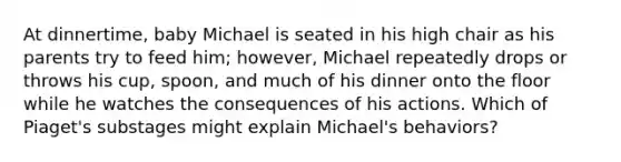 At dinnertime, baby Michael is seated in his high chair as his parents try to feed him; however, Michael repeatedly drops or throws his cup, spoon, and much of his dinner onto the floor while he watches the consequences of his actions. Which of Piaget's substages might explain Michael's behaviors?