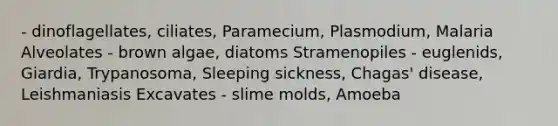 - dinoflagellates, ciliates, Paramecium, Plasmodium, Malaria Alveolates - brown algae, diatoms Stramenopiles - euglenids, Giardia, Trypanosoma, Sleeping sickness, Chagas' disease, Leishmaniasis Excavates - slime molds, Amoeba