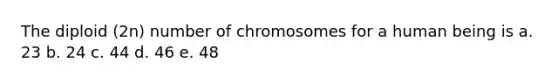 The diploid (2n) number of chromosomes for a human being is a. 23 b. 24 c. 44 d. 46 e. 48