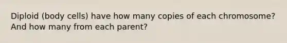 Diploid (body cells) have how many copies of each chromosome? And how many from each parent?