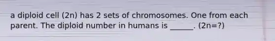 a diploid cell (2n) has 2 sets of chromosomes. One from each parent. The diploid number in humans is ______. (2n=?)