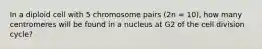 In a diploid cell with 5 chromosome pairs (2n = 10), how many centromeres will be found in a nucleus at G2 of the cell division cycle?