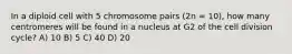 In a diploid cell with 5 chromosome pairs (2n = 10), how many centromeres will be found in a nucleus at G2 of the cell division cycle? A) 10 B) 5 C) 40 D) 20