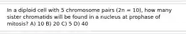 In a diploid cell with 5 chromosome pairs (2n = 10), how many sister chromatids will be found in a nucleus at prophase of mitosis? A) 10 B) 20 C) 5 D) 40