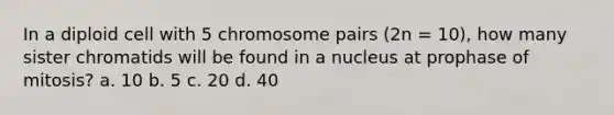 In a diploid cell with 5 chromosome pairs (2n = 10), how many sister chromatids will be found in a nucleus at prophase of mitosis? a. 10 b. 5 c. 20 d. 40