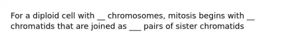 For a diploid cell with __ chromosomes, mitosis begins with __ chromatids that are joined as ___ pairs of sister chromatids