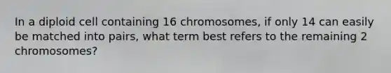 In a diploid cell containing 16 chromosomes, if only 14 can easily be matched into pairs, what term best refers to the remaining 2 chromosomes?