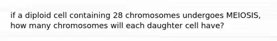 if a diploid cell containing 28 chromosomes undergoes MEIOSIS, how many chromosomes will each daughter cell have?