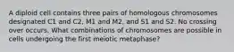 A diploid cell contains three pairs of homologous chromosomes designated C1 and C2, M1 and M2, and S1 and S2. No crossing over occurs. What combinations of chromosomes are possible in cells undergoing the first meiotic metaphase?