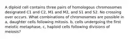 A diploid cell contains three pairs of homologous chromosomes designated C1 and C2, M1 and M2, and S1 and S2. No crossing over occurs. What combinations of chromosomes are possible in a, daughter cells following mitosis. b, cells undergoing the first meiotic metaphase, c, haploid cells following divisions of meiosis?