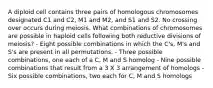 A diploid cell contains three pairs of homologous chromosomes designated C1 and C2, M1 and M2, and S1 and S2. No crossing over occurs during meiosis. What combinations of chromosomes are possible in haploid cells following both reductive divisions of meiosis? - Eight possible combinations in which the C's, M's and S's are present in all permutations. - Three possible combinations, one each of a C, M and S homolog - Nine possible combinations that result from a 3 X 3 arrangement of homologs - Six possible combinations, two each for C, M and S homologs